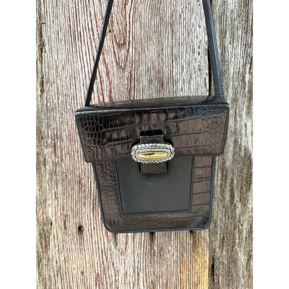 Brighton Leather Handbag Purse Shoulder Bag Brown Black Croc Embossed Crossbody - Picture 2 of 7